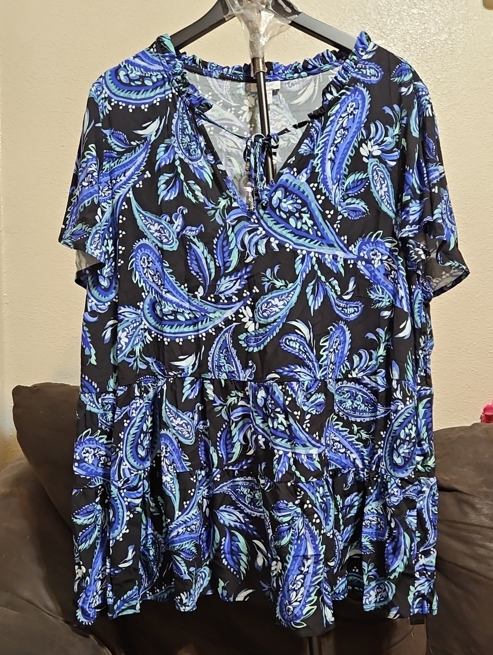 Avenue Black and Blue Paisley Tie-Neck Tiered Tunic